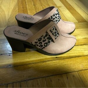Leopard Accent Block Heel Mules